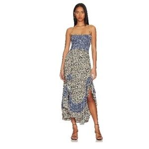 Strapless Blue Floral Midi Dress